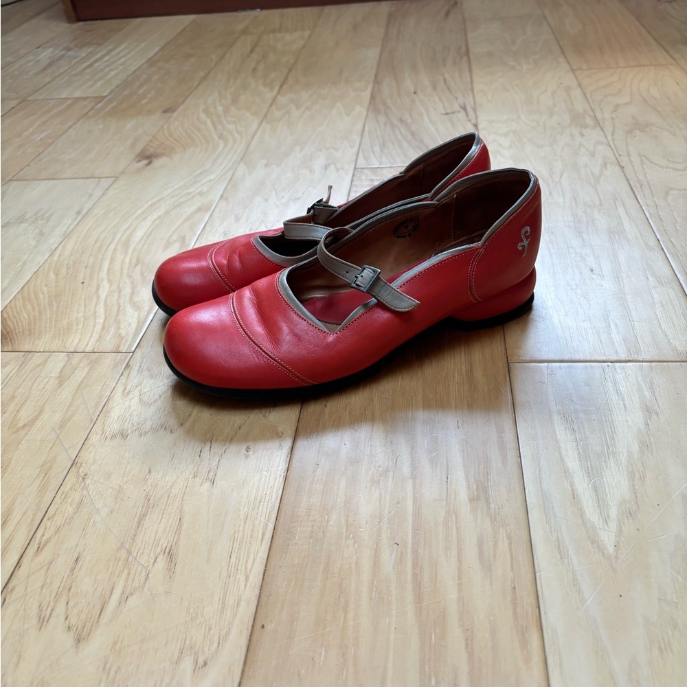 John Fluevog Orange Mary Jane Flats with Cream Strap and Trim